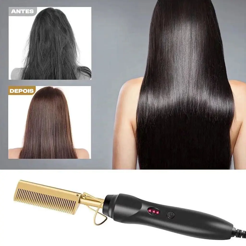 Pente Elétrico Alisador Cabelo Aquecimento Antes e Depois.webp